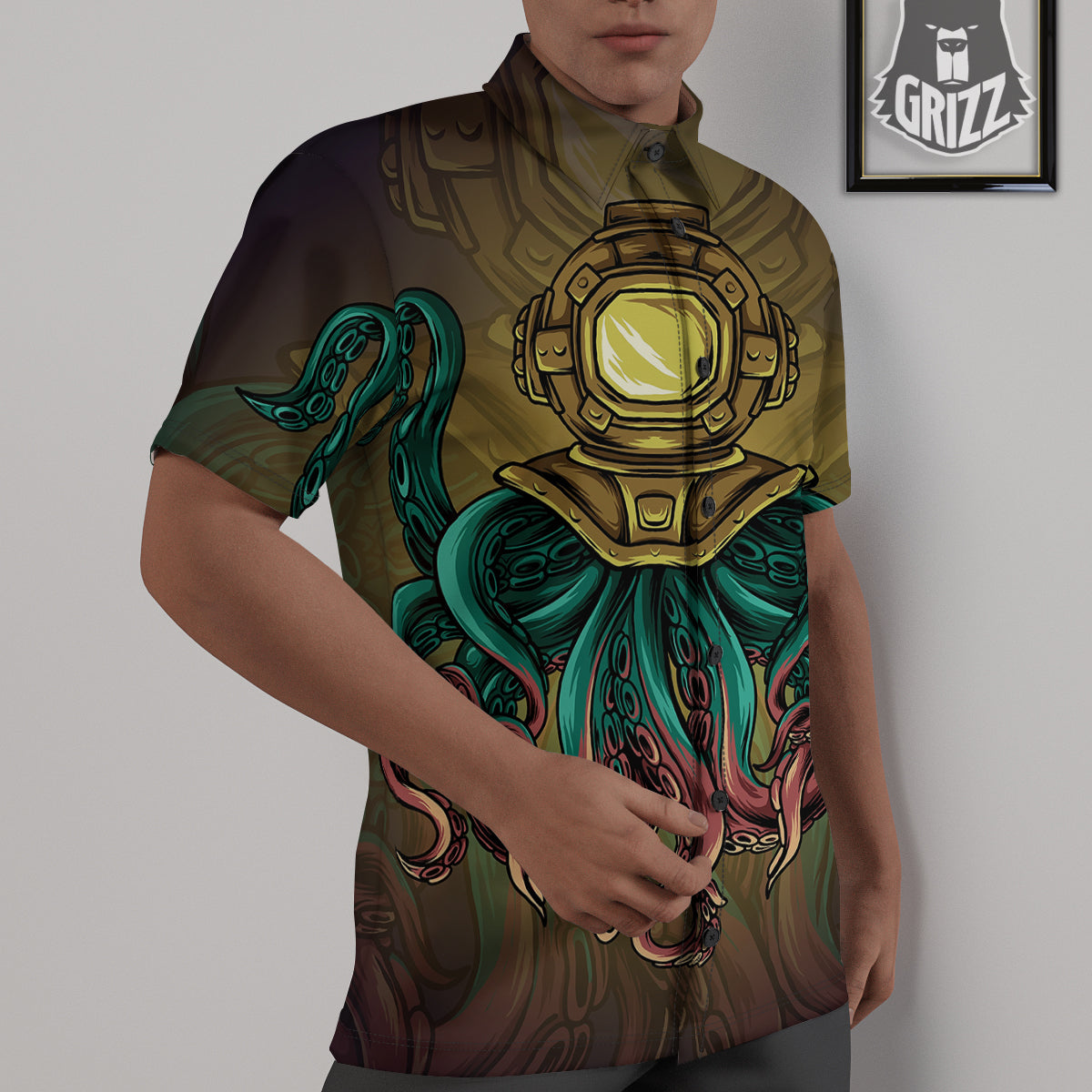 Octopus And Diving Helmet Print Untucked Shirts-grizzshop