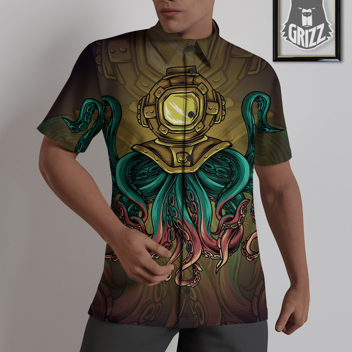 Octopus And Diving Helmet Print Untucked Shirts-grizzshop