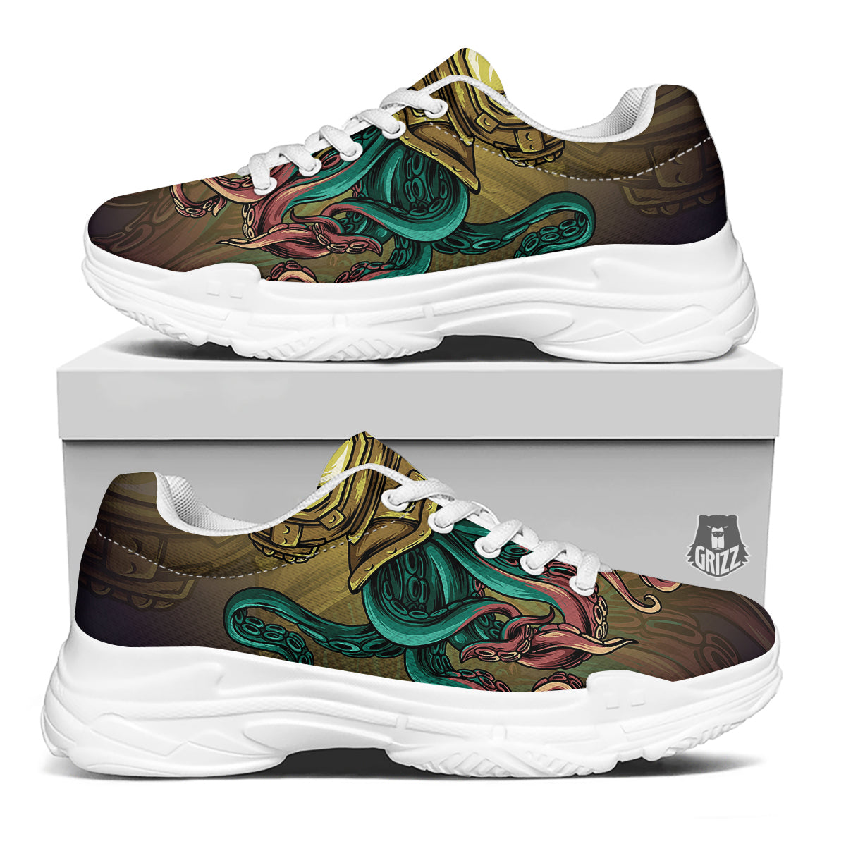 Octopus And Diving Helmet Print White Chunky Shoes-grizzshop