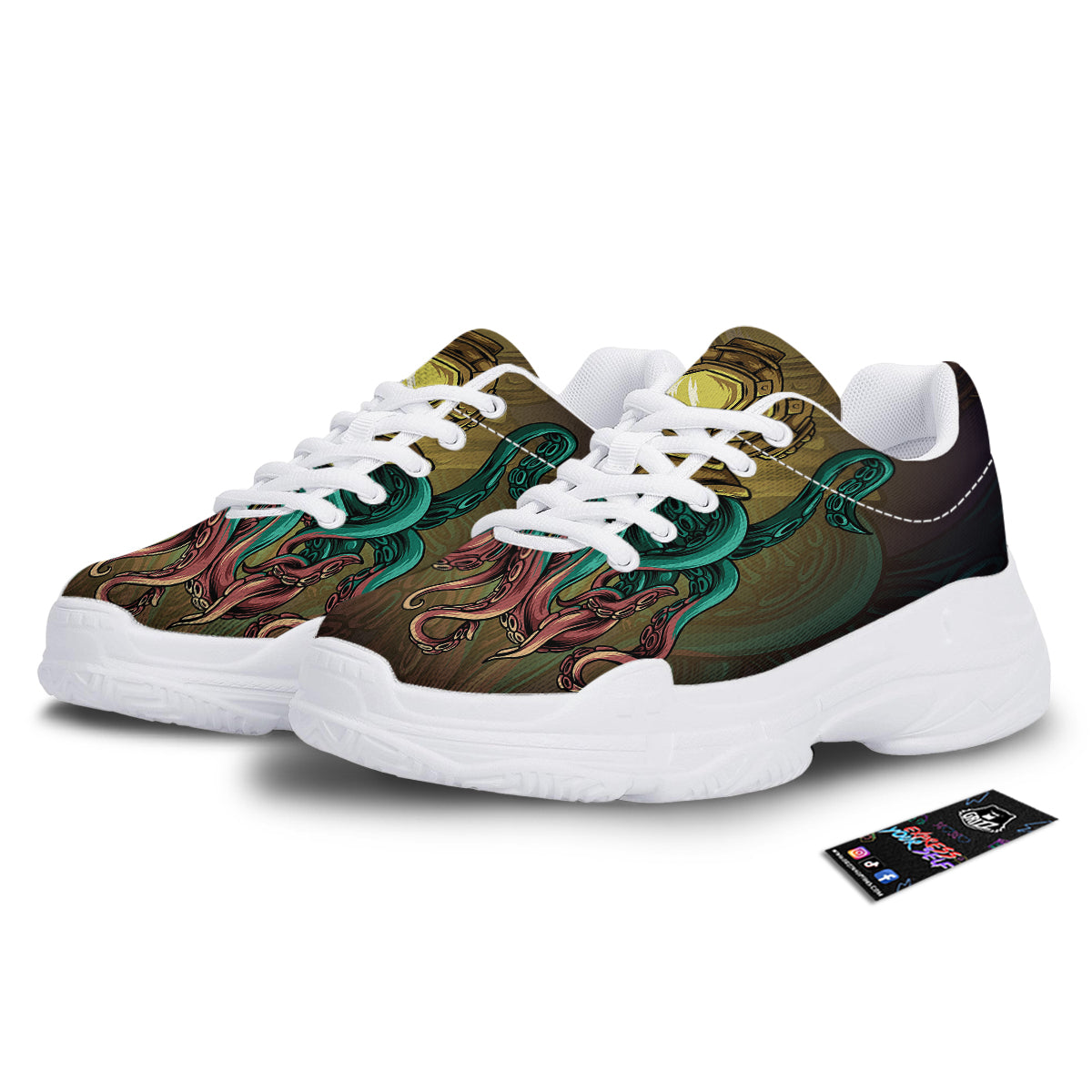 Octopus And Diving Helmet Print White Chunky Shoes-grizzshop