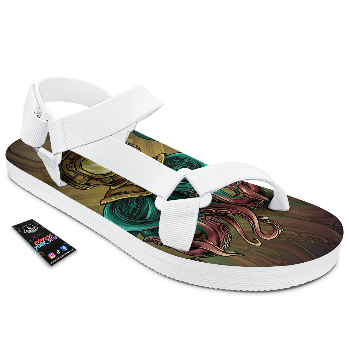 Octopus And Diving Helmet Print White Open Toe Sandals-grizzshop