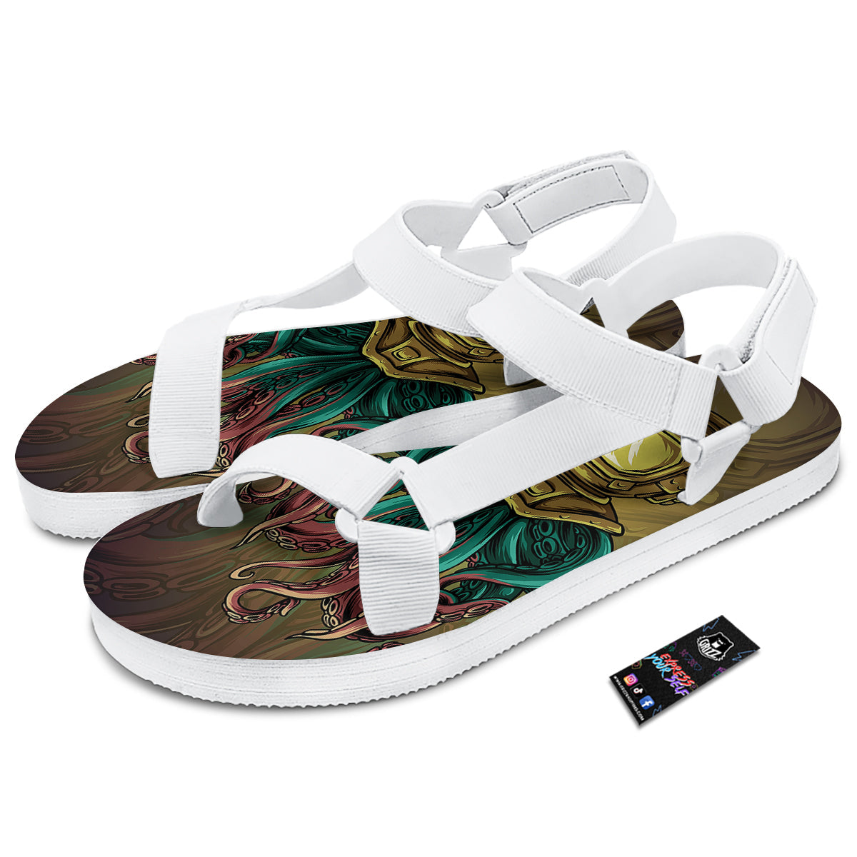 Octopus And Diving Helmet Print White Open Toe Sandals-grizzshop