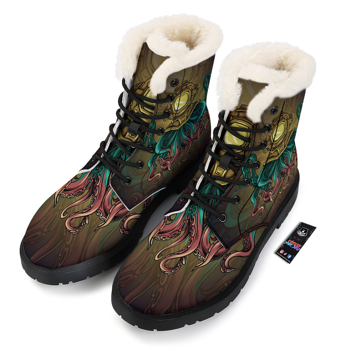 Octopus And Diving Helmet Print Winter Boots-grizzshop