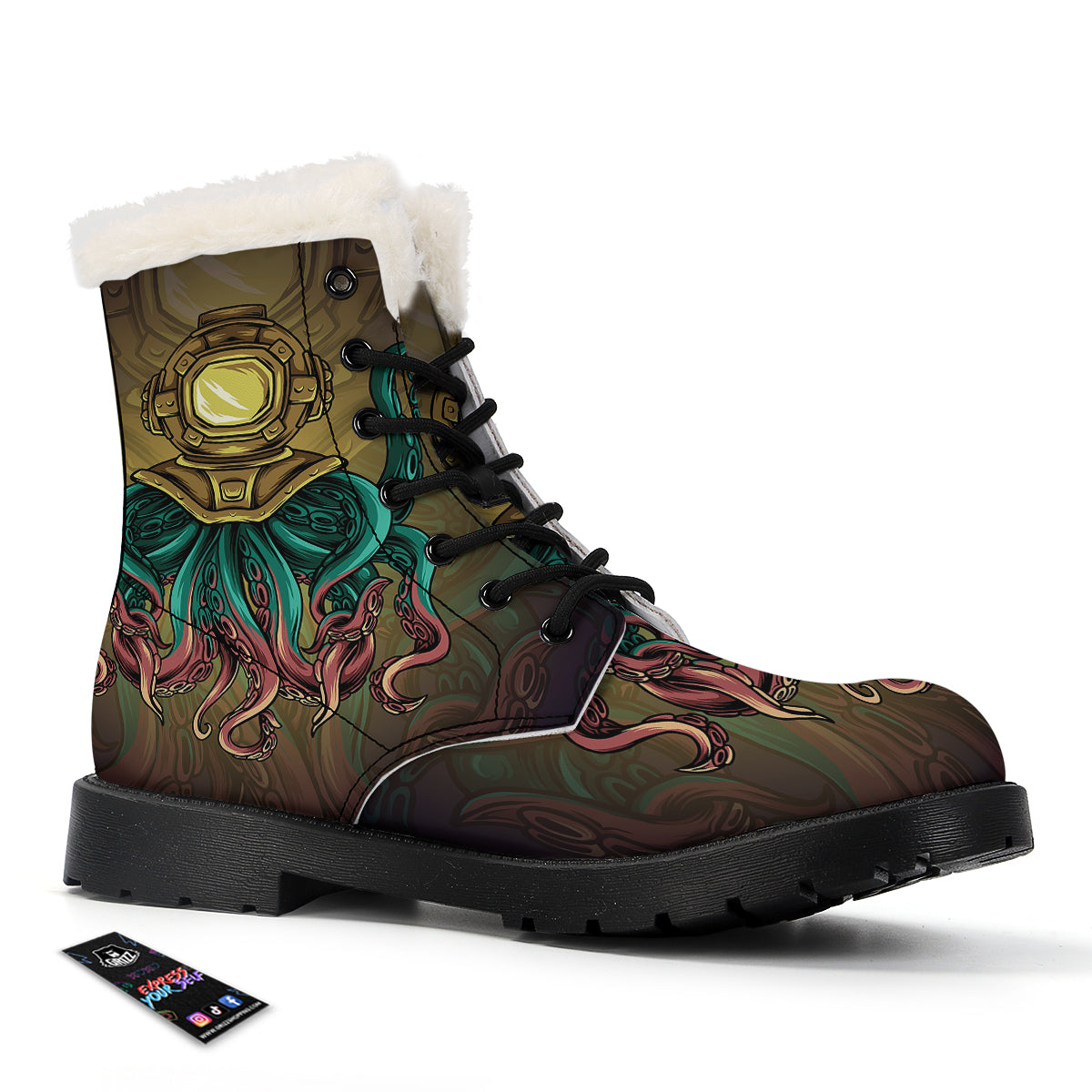 Octopus And Diving Helmet Print Winter Boots-grizzshop