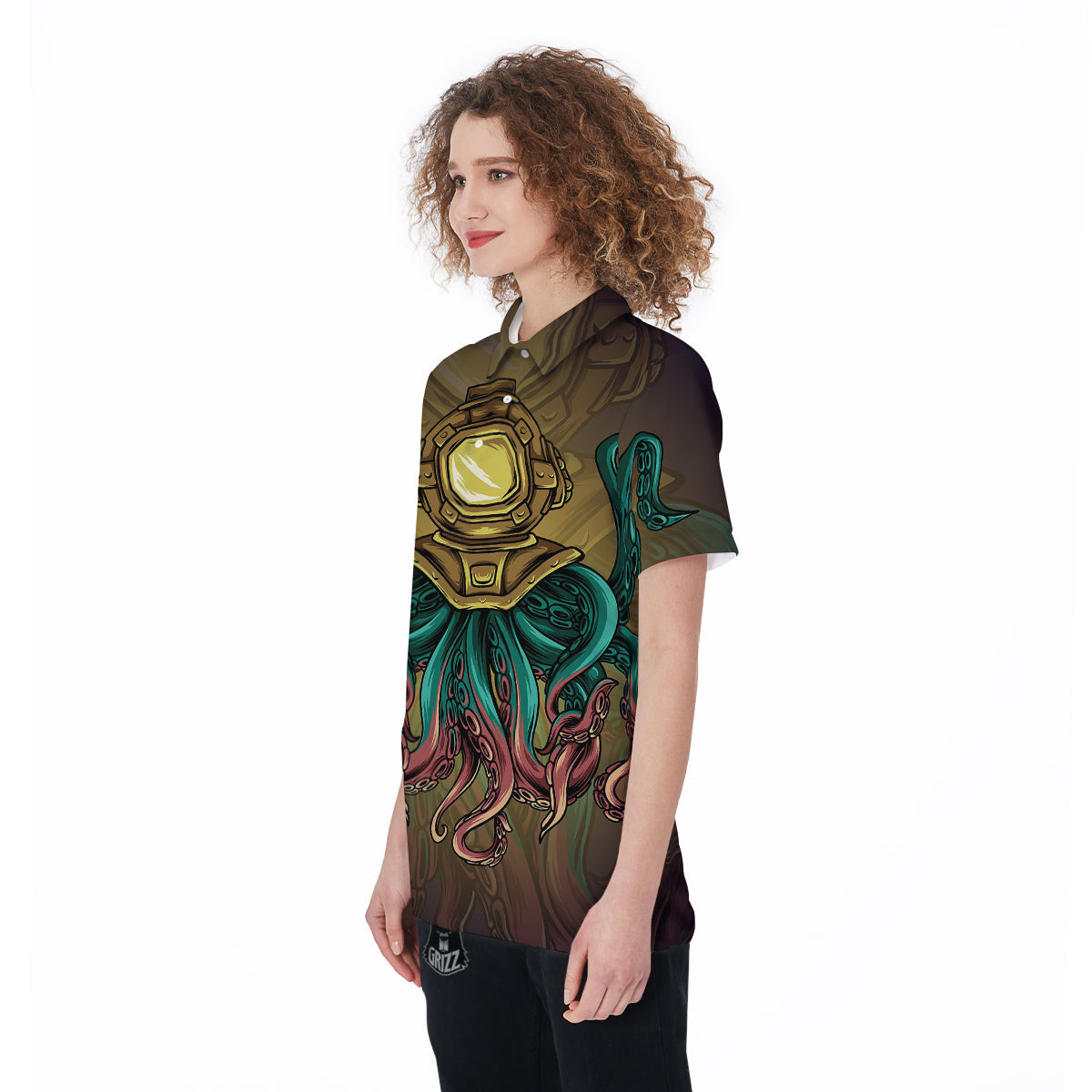 Octopus And Diving Helmet Print Women's Golf Shirts-grizzshop