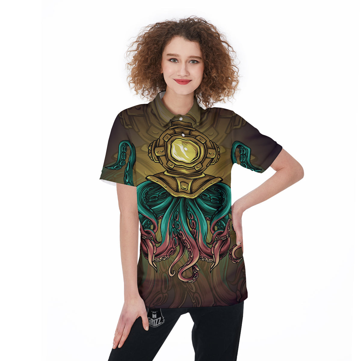 Octopus And Diving Helmet Print Women's Golf Shirts-grizzshop