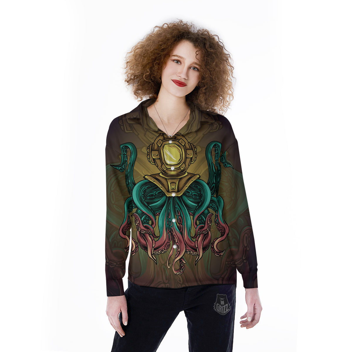 Octopus And Diving Helmet Print Women's Long Sleeve Shirts-grizzshop