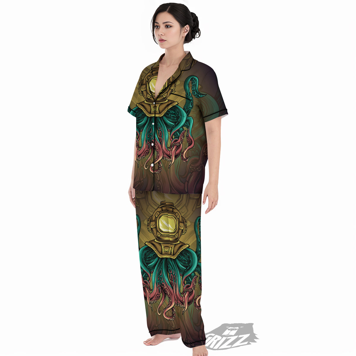 Octopus And Diving Helmet Print Women's Pajamas Set-grizzshop
