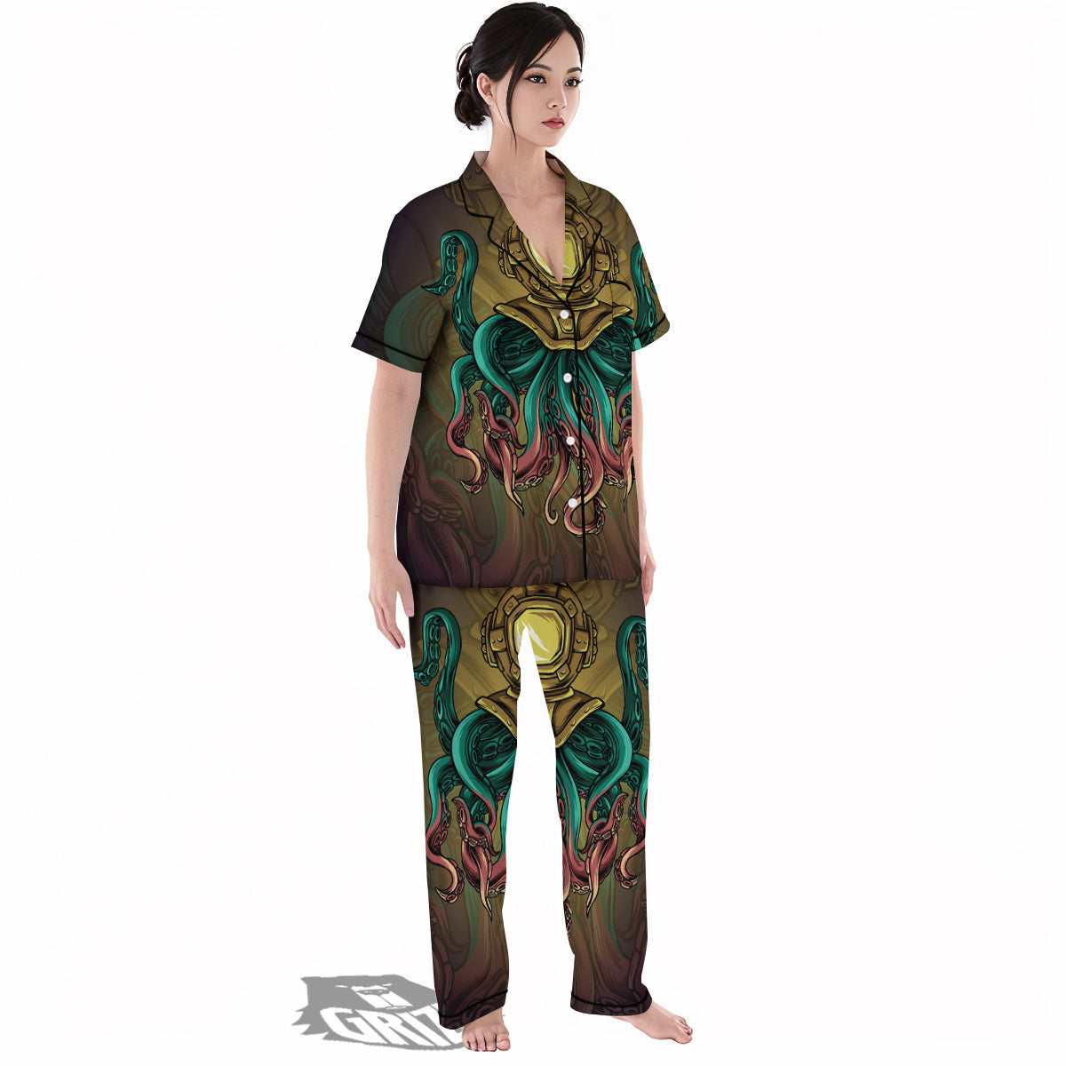 Octopus And Diving Helmet Print Women's Pajamas Set-grizzshop