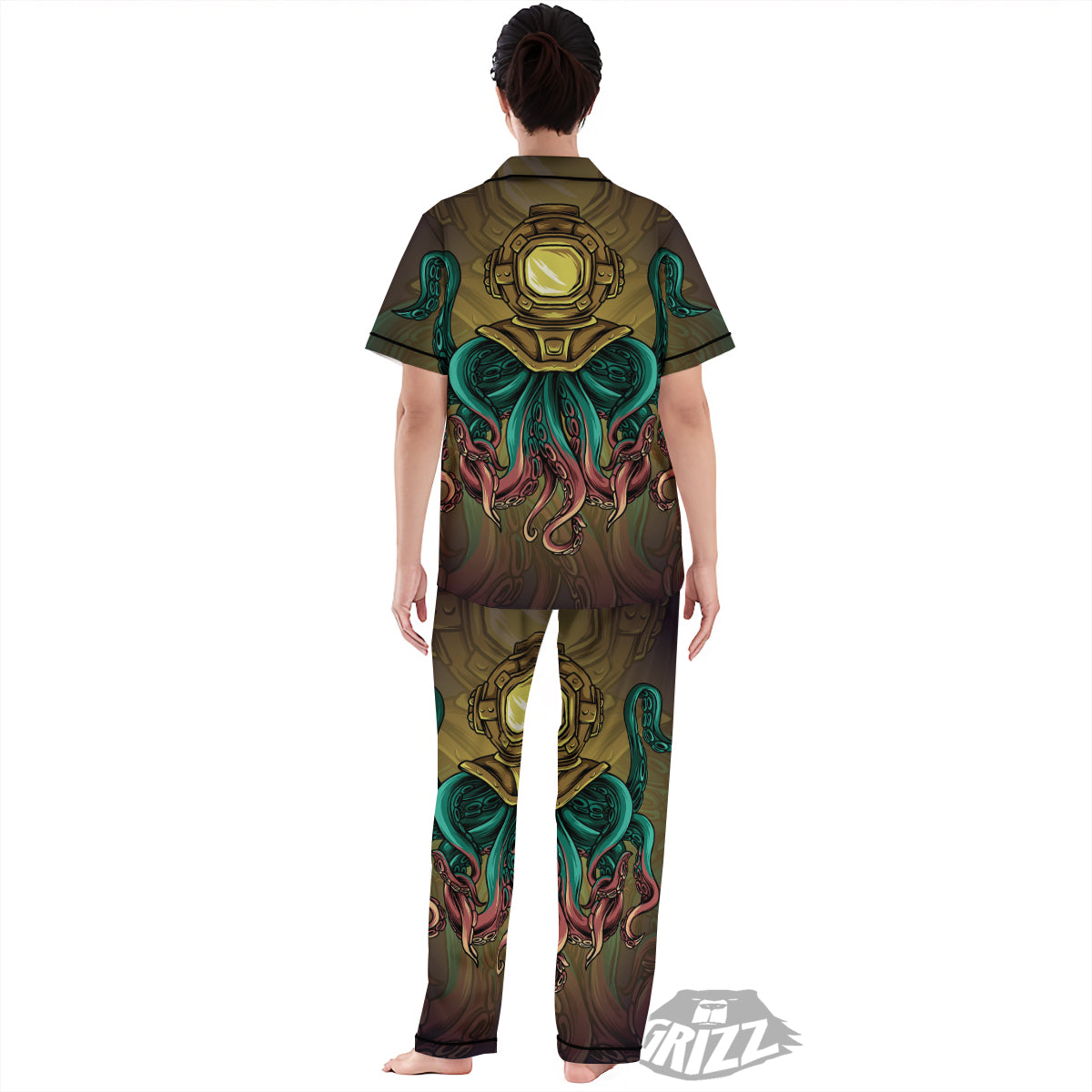 Octopus And Diving Helmet Print Women's Pajamas Set-grizzshop