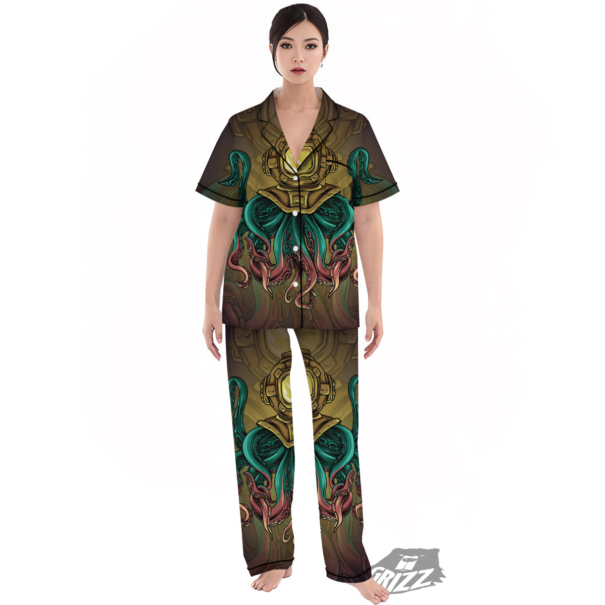 Octopus And Diving Helmet Print Women's Pajamas Set-grizzshop