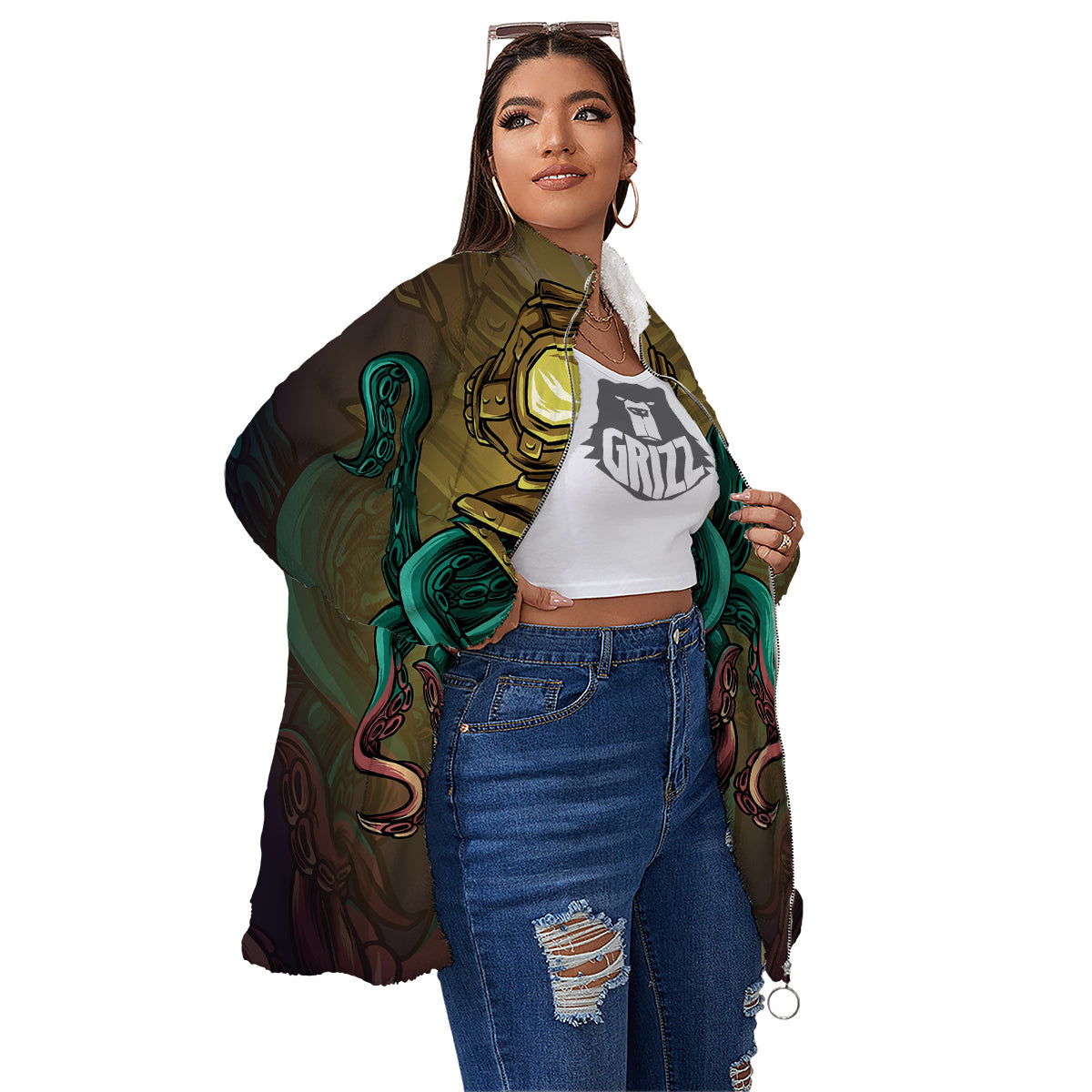Octopus And Diving Helmet Print Women's Sherpa Jacket-grizzshop