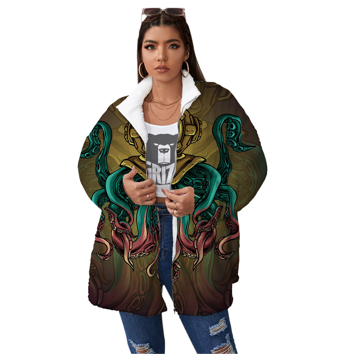 Octopus And Diving Helmet Print Women's Sherpa Jacket-grizzshop