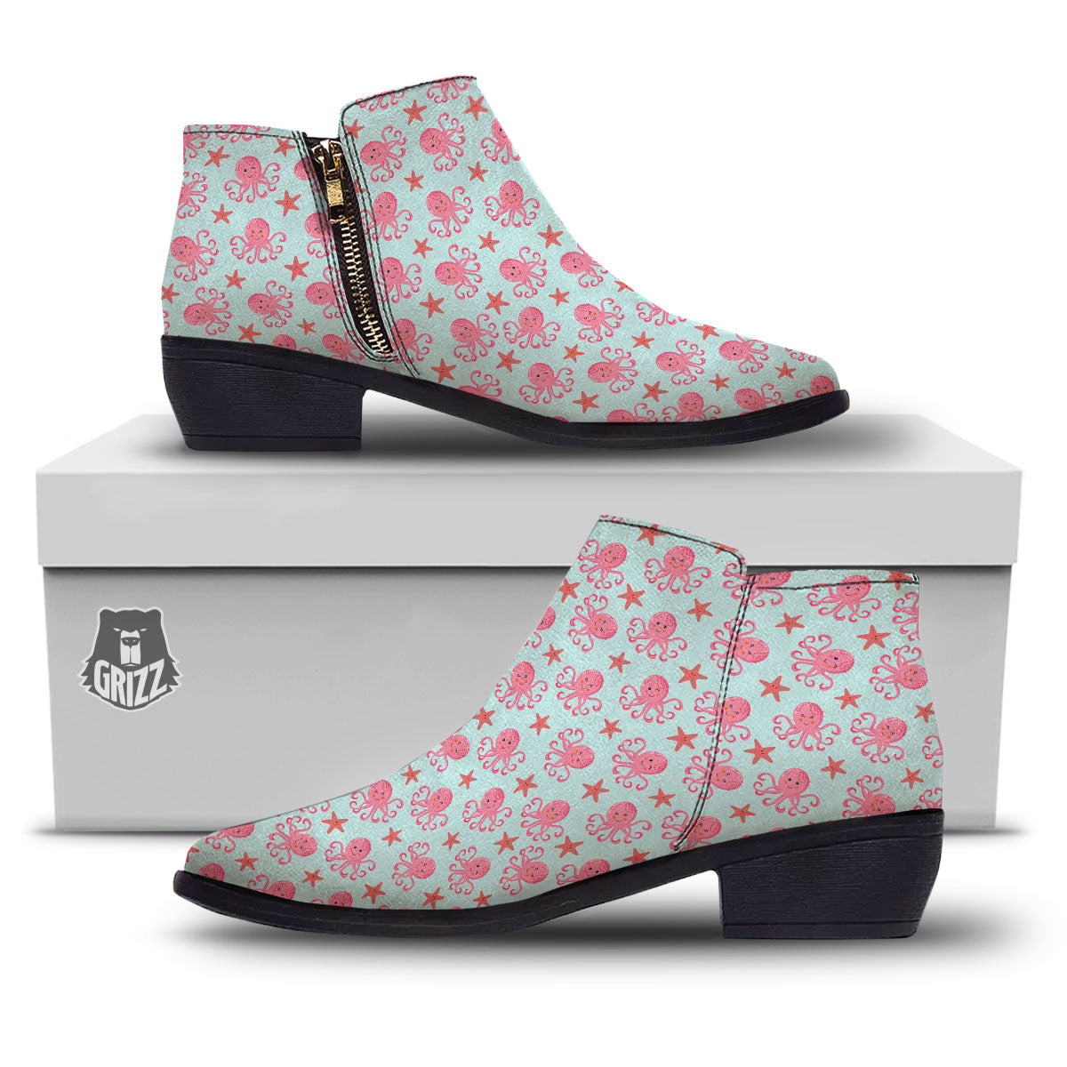 Octopus Cartoon Print Pattern Ankle Boots-grizzshop
