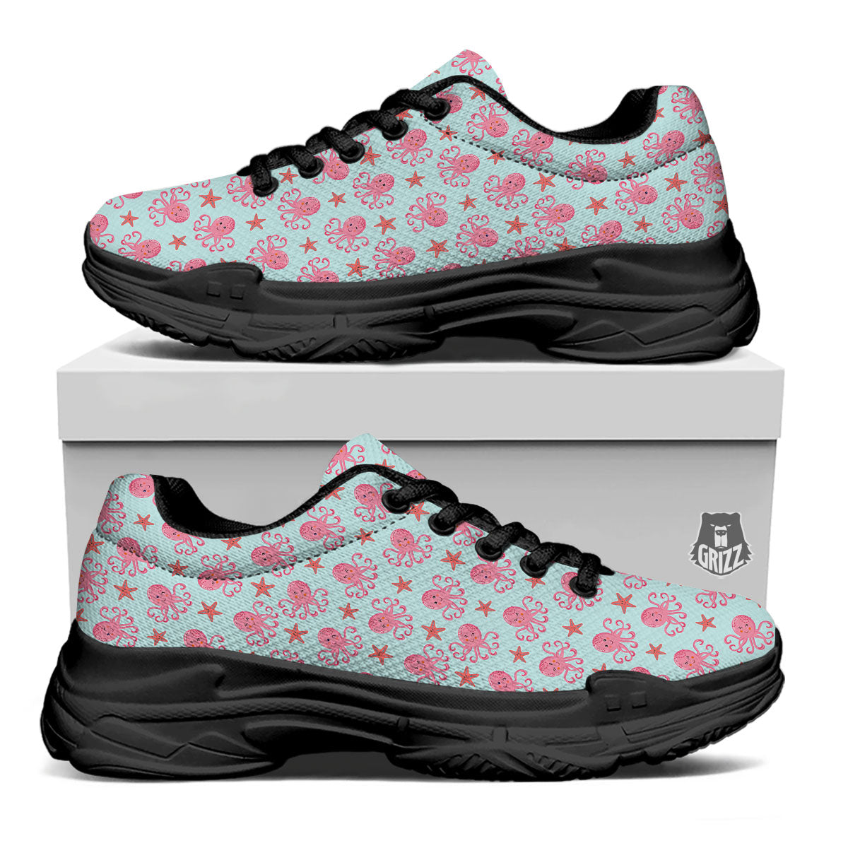 Octopus Cartoon Print Pattern Black Chunky Shoes-grizzshop