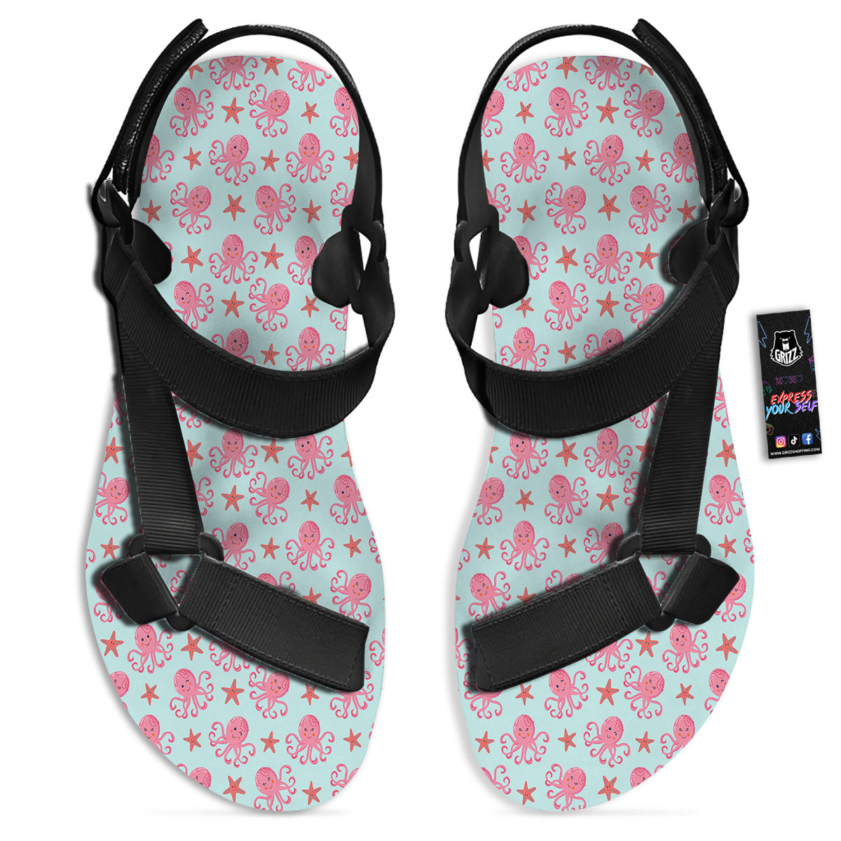 Octopus Cartoon Print Pattern Black Open Toe Sandals-grizzshop