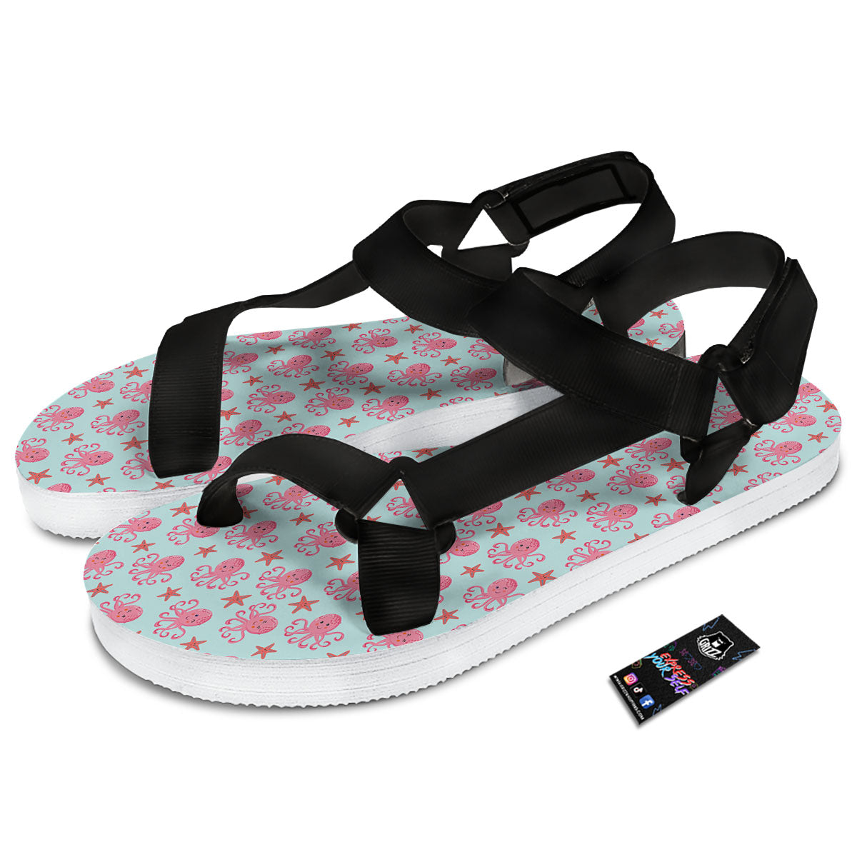 Octopus Cartoon Print Pattern Black Open Toe Sandals-grizzshop