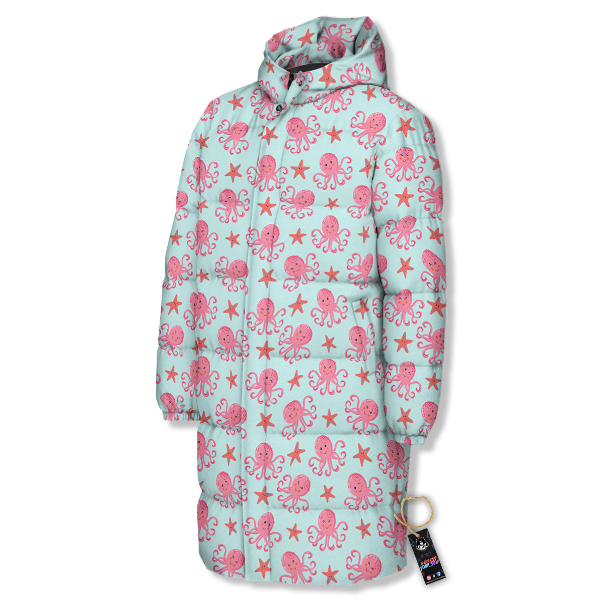 Octopus Cartoon Print Pattern Long Down Jacket-grizzshop