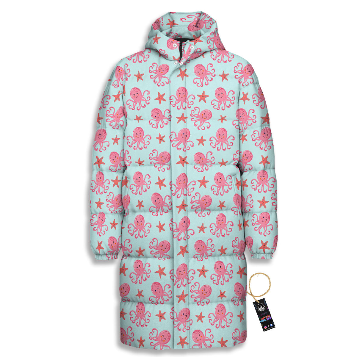 Octopus Cartoon Print Pattern Long Down Jacket-grizzshop