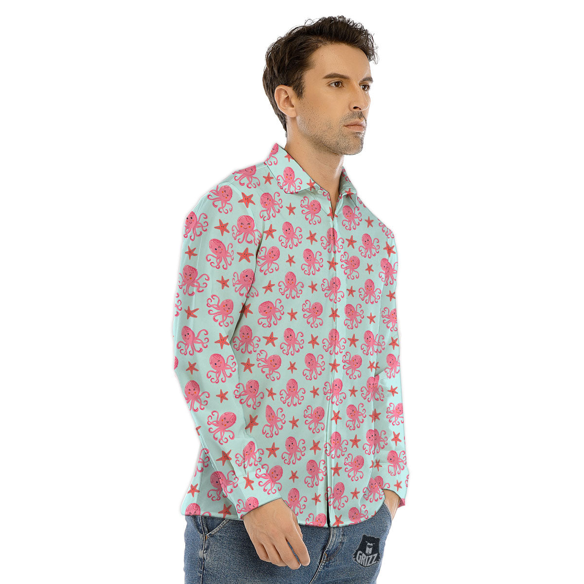 Octopus Cartoon Print Pattern Men's Dress Shirts-grizzshop