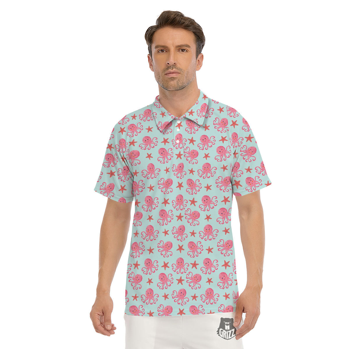 Octopus Cartoon Print Pattern Men's Golf Shirts-grizzshop