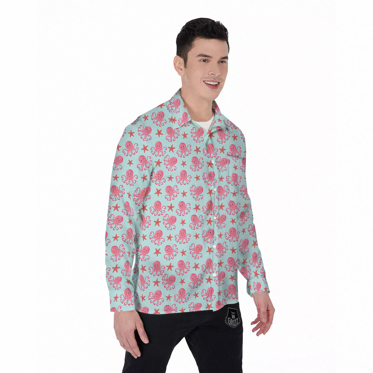 Octopus Cartoon Print Pattern Men's Long Sleeve Shirts-grizzshop