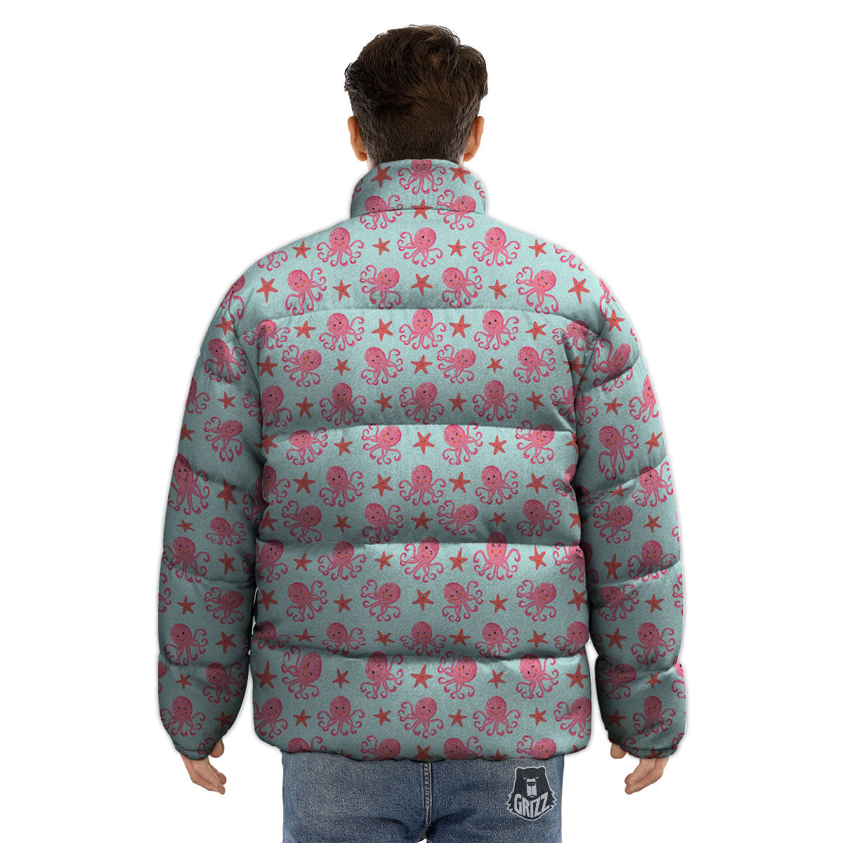 Octopus Cartoon Print Pattern Puffer Jacket-grizzshop