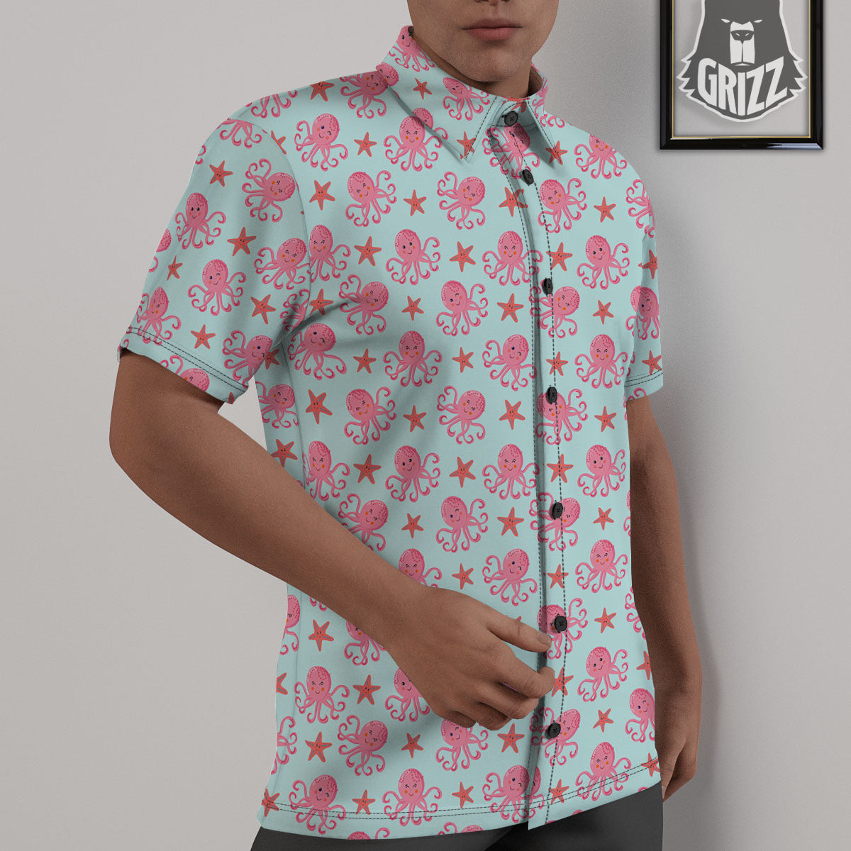 Octopus Cartoon Print Pattern Untucked Shirts-grizzshop
