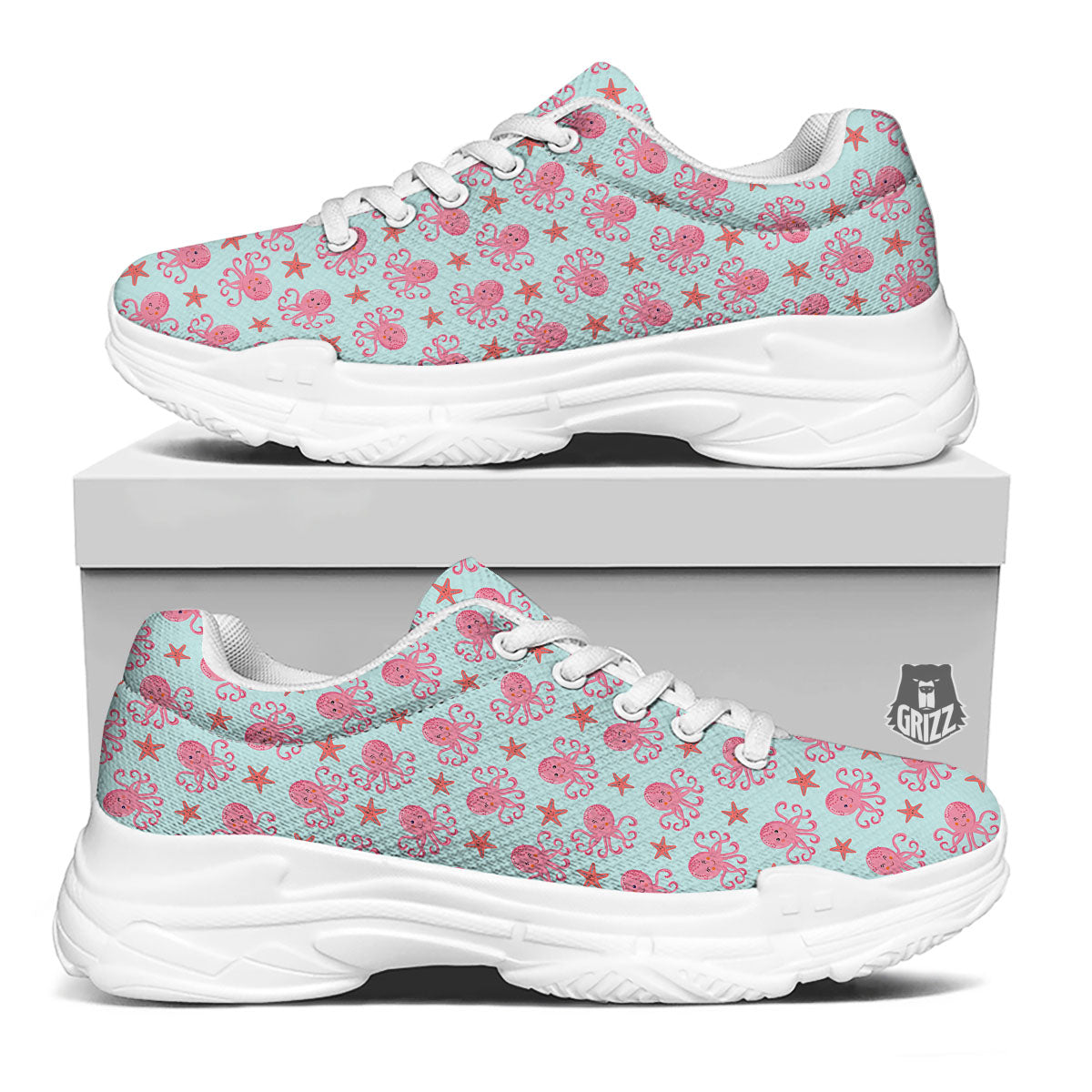 Octopus Cartoon Print Pattern White Chunky Shoes-grizzshop