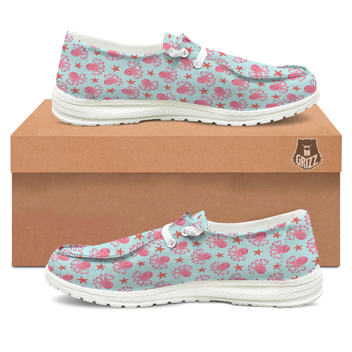 Octopus Cartoon Print Pattern White Loafers-grizzshop