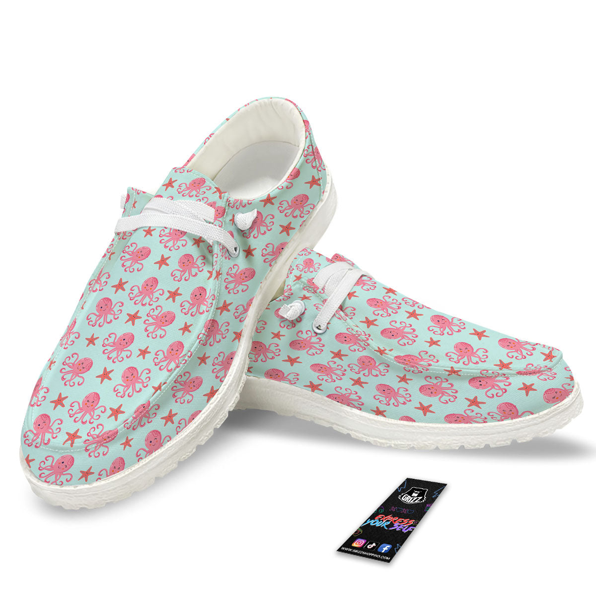 Octopus Cartoon Print Pattern White Loafers-grizzshop
