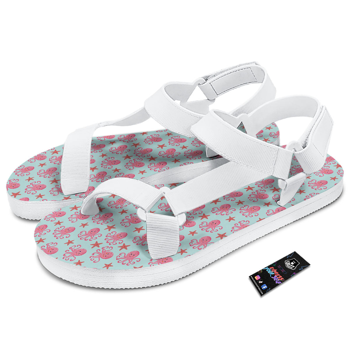 Octopus Cartoon Print Pattern White Open Toe Sandals-grizzshop