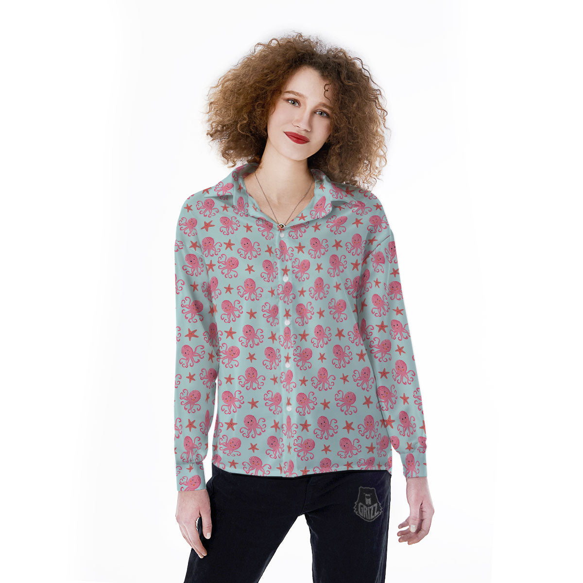 Octopus Cartoon Print Pattern Women's Long Sleeve Shirts-grizzshop