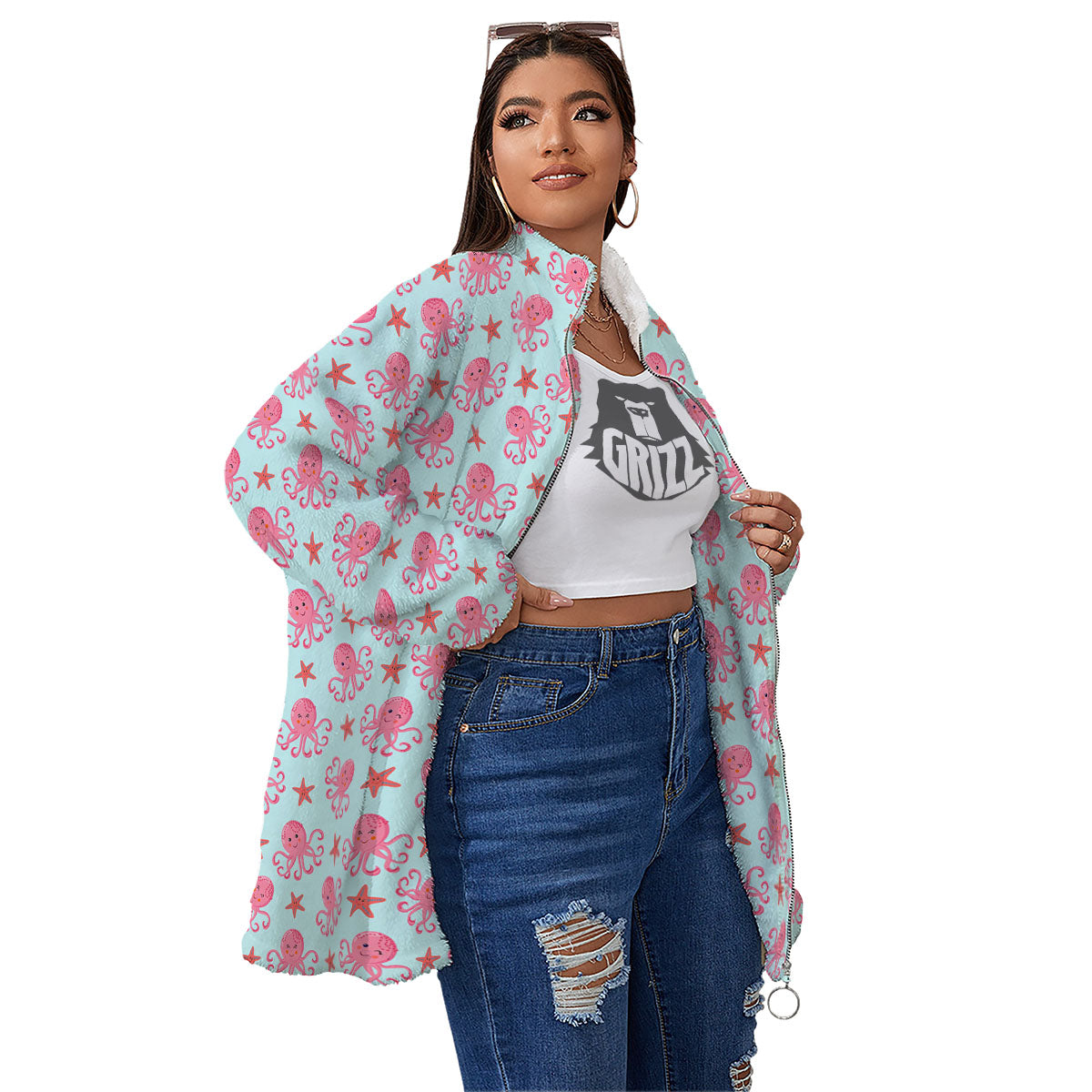 Octopus Cartoon Print Pattern Women's Sherpa Jacket-grizzshop