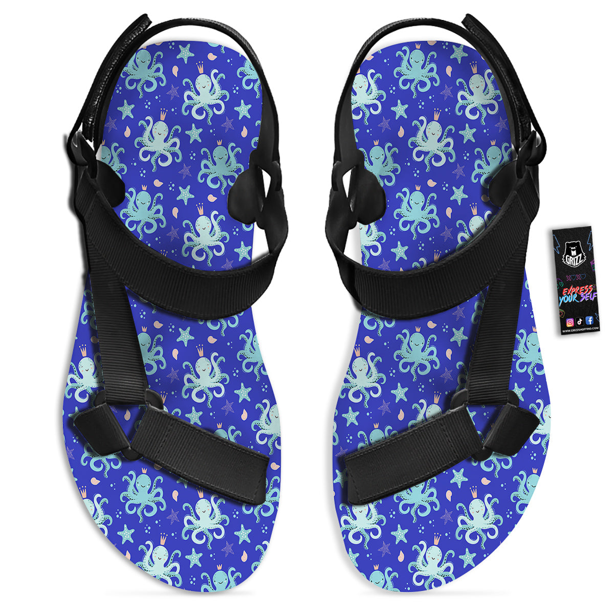 Octopus Cute Print Pattern Black Open Toe Sandals-grizzshop
