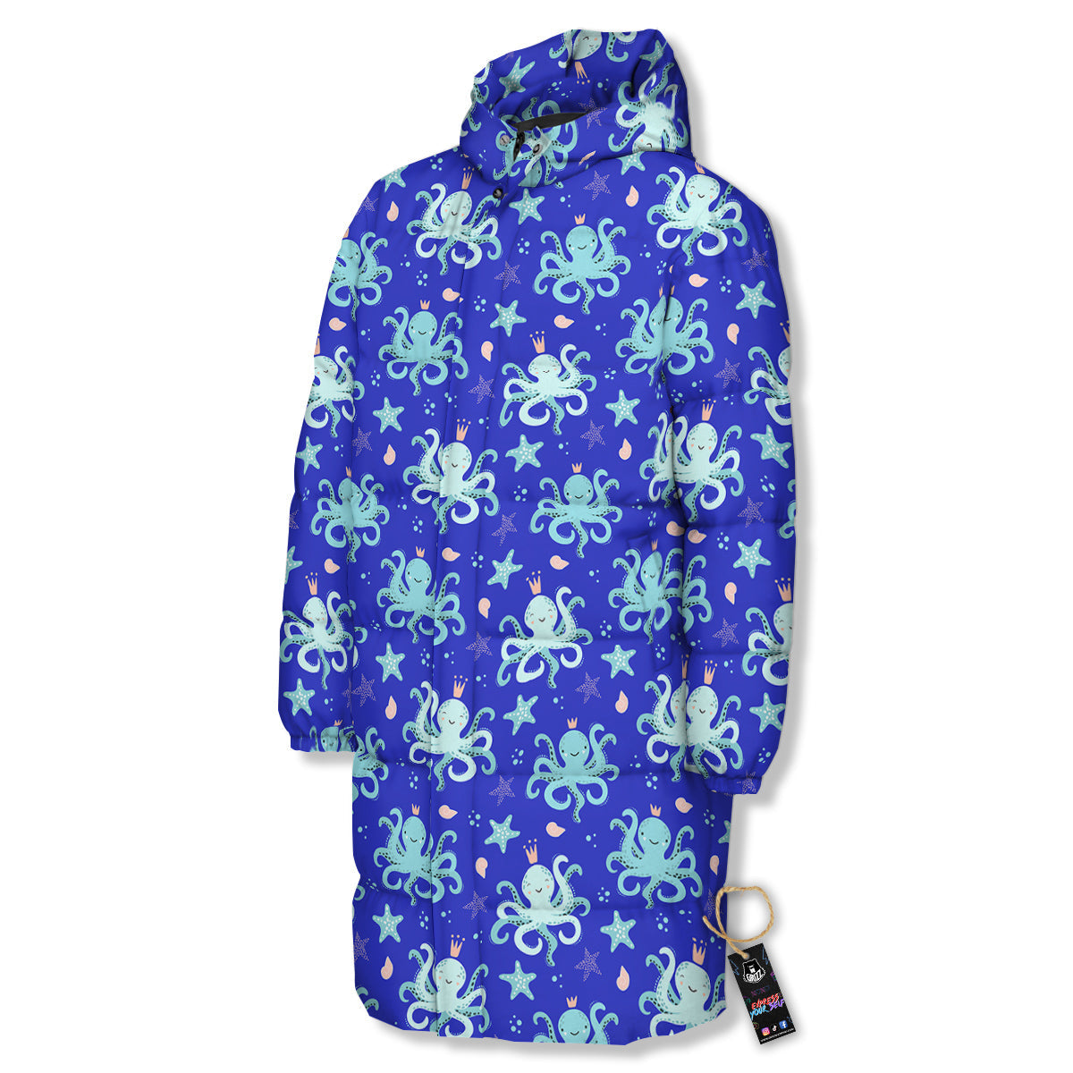 Octopus Cute Print Pattern Long Down Jacket-grizzshop
