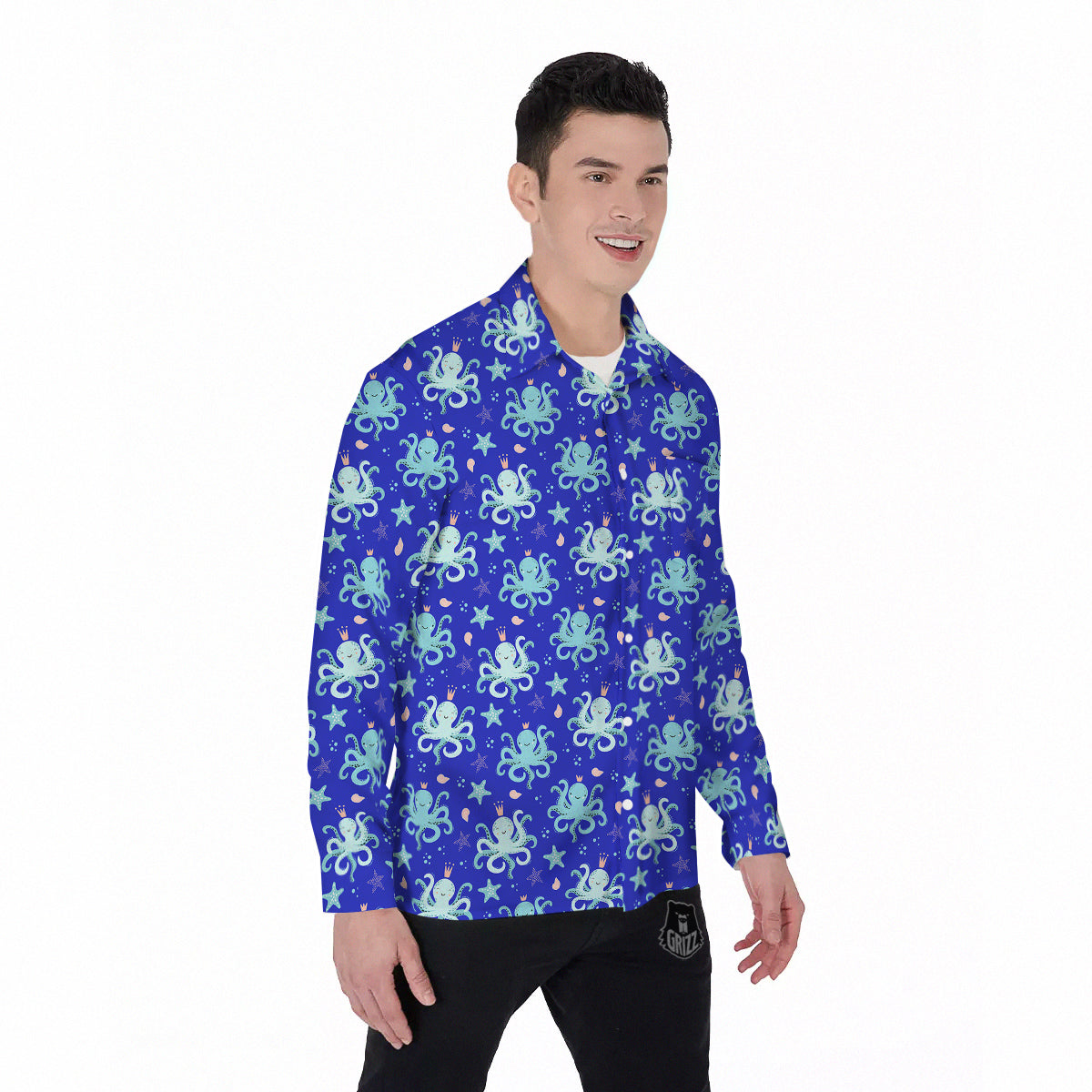 Octopus Cute Print Pattern Men's Long Sleeve Shirts-grizzshop