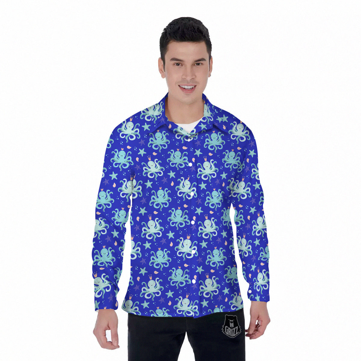 Octopus Cute Print Pattern Men's Long Sleeve Shirts-grizzshop