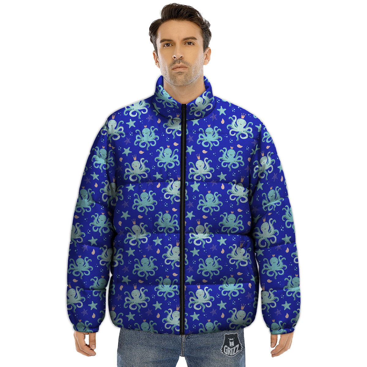 Octopus Cute Print Pattern Puffer Jacket-grizzshop