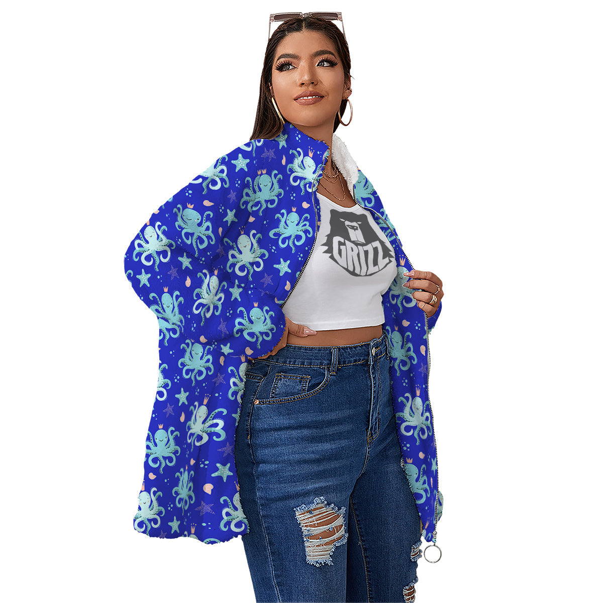 Octopus Cute Print Pattern Women's Sherpa Jacket-grizzshop