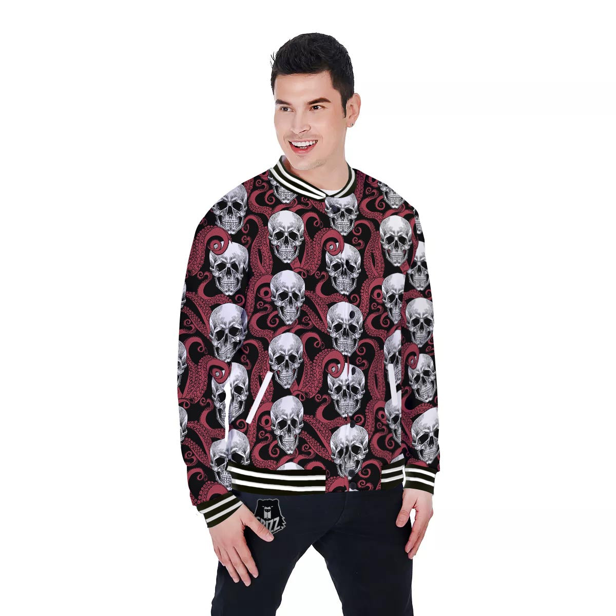 Octopus Skull Red Print Pattern Baseball Jacket-grizzshop