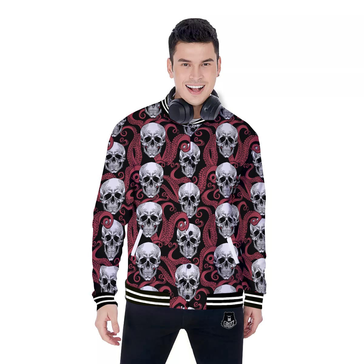 Octopus Skull Red Print Pattern Baseball Jacket-grizzshop
