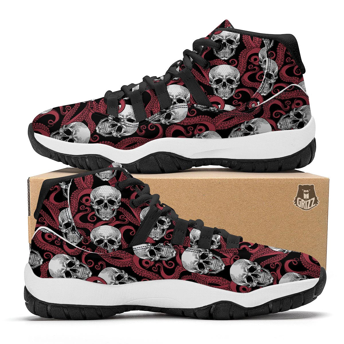 Octopus Skull Red Print Pattern Black Bball Shoes-grizzshop