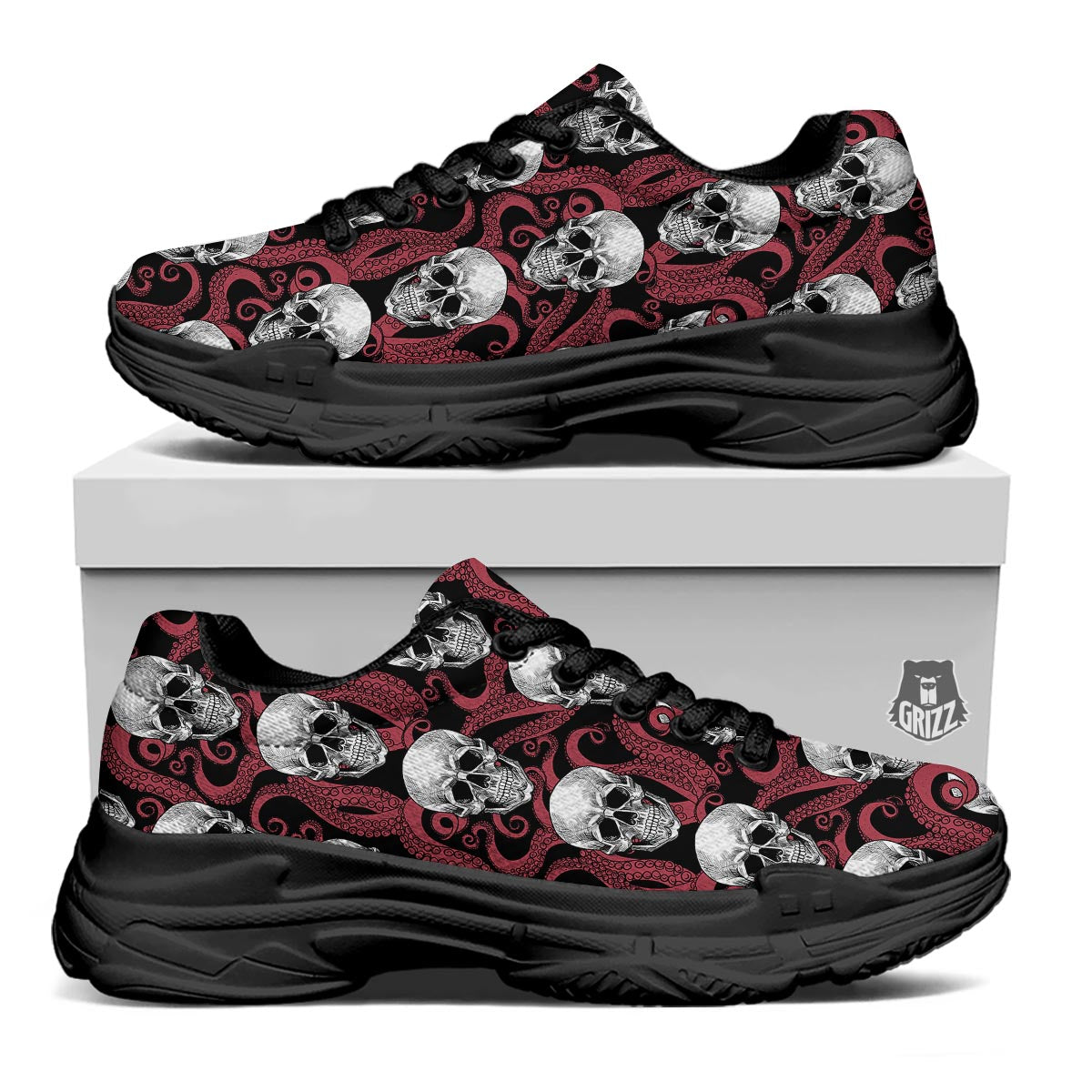 Octopus Skull Red Print Pattern Black Chunky Shoes-grizzshop
