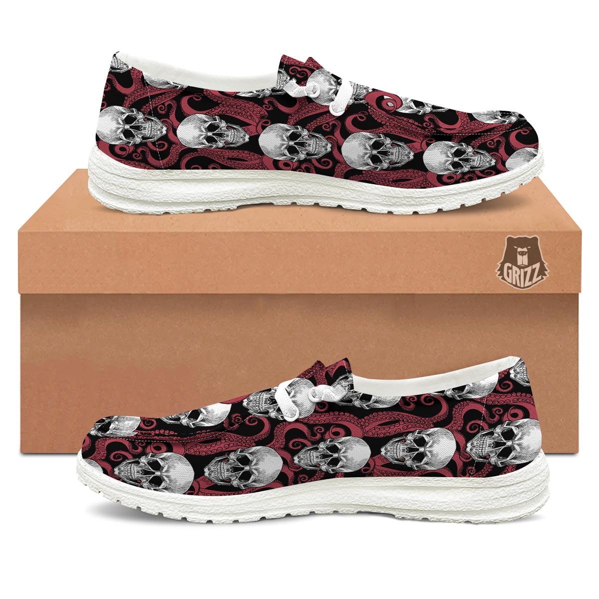 Octopus Skull Red Print Pattern Black Loafers-grizzshop
