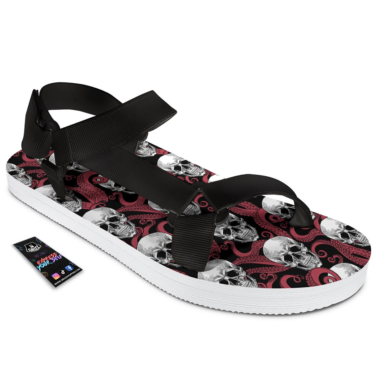 Octopus Skull Red Print Pattern Black Open Toe Sandals-grizzshop