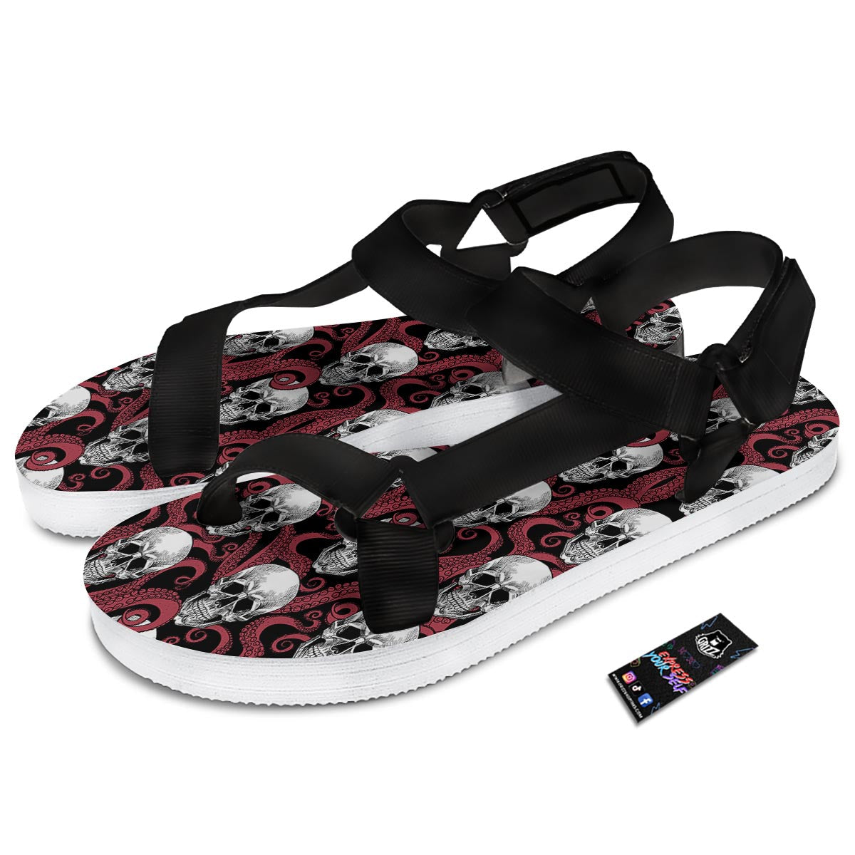 Octopus Skull Red Print Pattern Black Open Toe Sandals-grizzshop