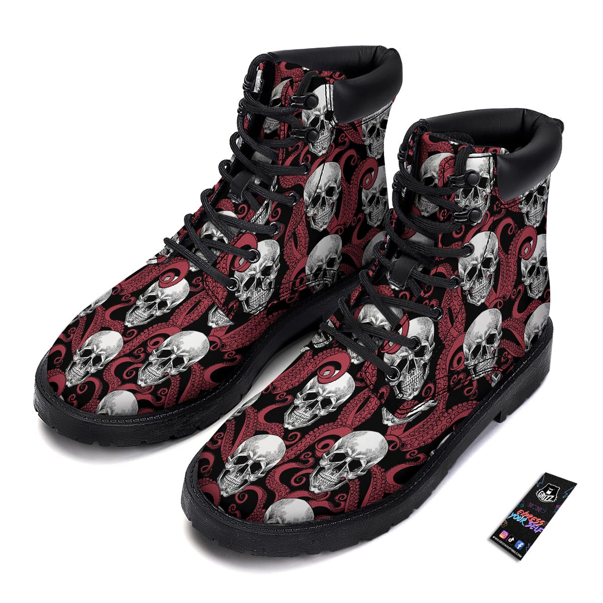 Octopus Skull Red Print Pattern Boots-grizzshop