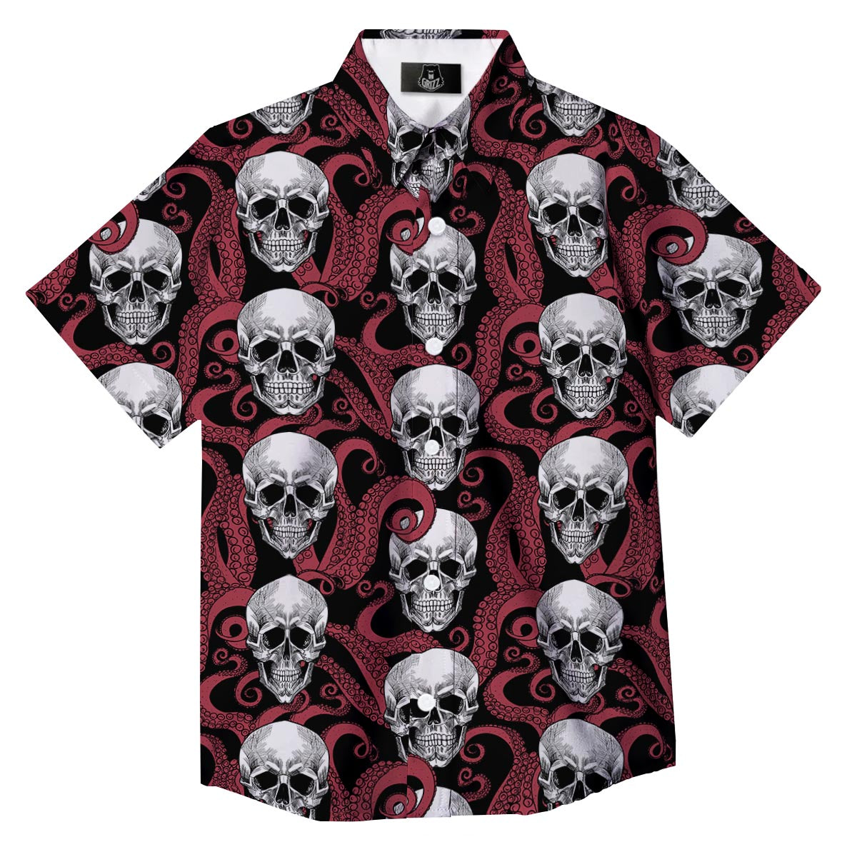 Octopus Skull Red Print Pattern Button Up Shirt-grizzshop