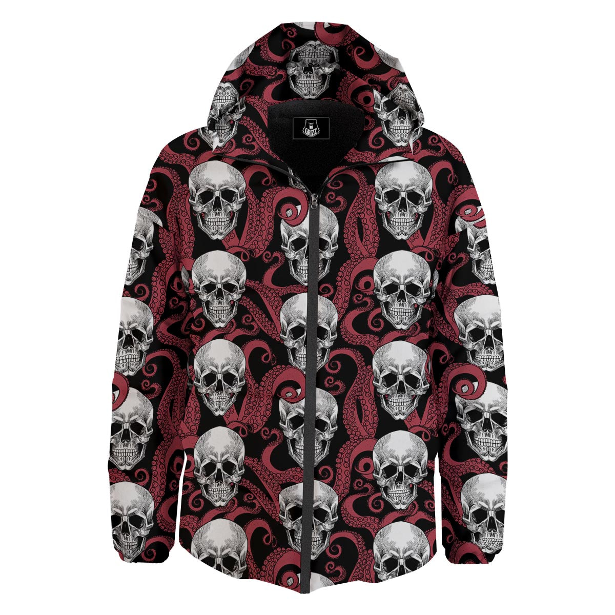 Octopus Skull Red Print Pattern Down Jacket-grizzshop